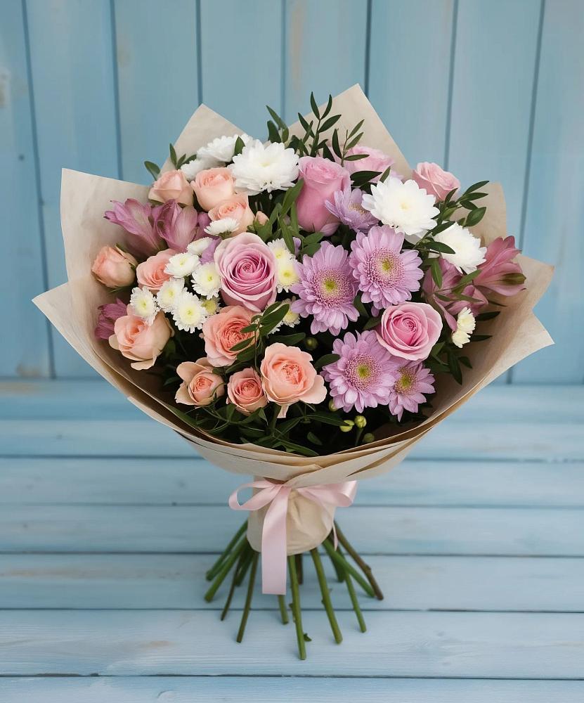 Букет цветов из: Хризантемы, Розы и Альстромерии в Молчаново