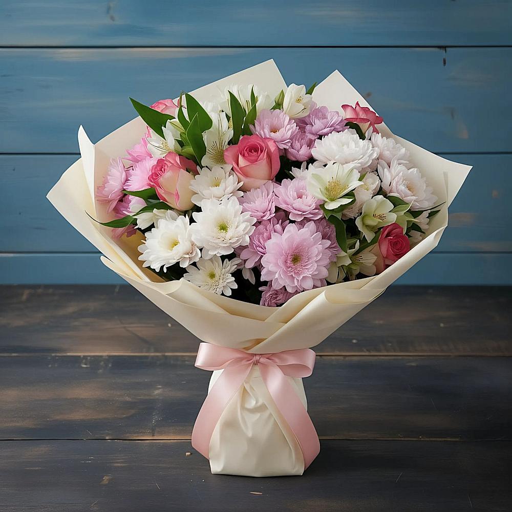 Букет цветов из: Хризантемы, Альстромерии и Розы в Молчаново